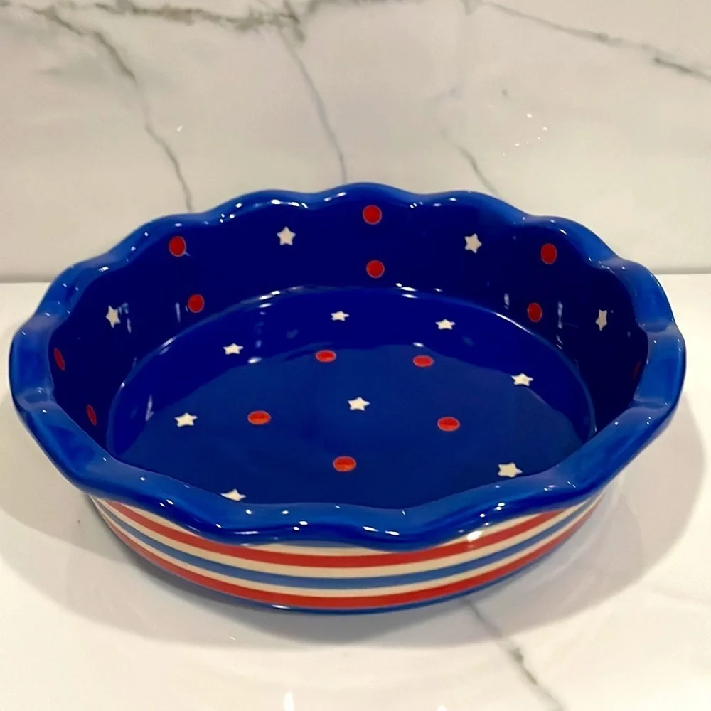 Temptations by Tara Red White and Blue 9'' Fluted Round Baking Pie Quiche Dish